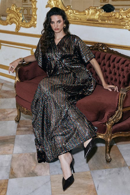 Shop_Dash And Dot_Multi Color Polyester Sequins V-neck Multicolour Work Kaftan 