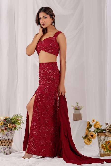 Shop_Damoiselle_Red Net, Shantoon, Georgette Sequins, Beads Gulzaar Embroidered Pencil Skirt Set _Online_at_Aza_Fashions