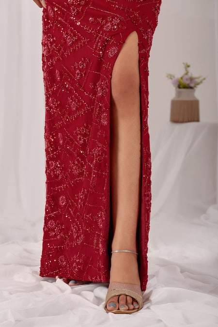 Damoiselle_Red Net, Shantoon, Georgette Sequins, Beads Gulzaar Embroidered Pencil Skirt Set _at_Aza_Fashions