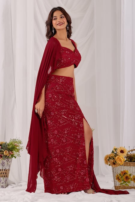 Buy_Damoiselle_Red Net, Shantoon, Georgette Sequins, Beads Gulzaar Embroidered Pencil Skirt Set 