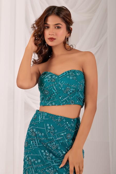Buy Damoiselle Teal Net, Shantoon, Georgette Sequins, Aqua Serene Embroidered Pencil Skirt Set Online at Aza Fashions Buy_Damoiselle_Teal Net, Shantoon, Georgette Sequins, Aqua Serene Embroidered Pencil Skirt Set _Online_at_Aza_Fashions