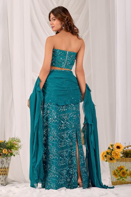 Damoiselle Aqua Serene Embroidered Pencil Skirt Set 