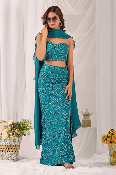 Buy Damoiselle Teal Net, Shantoon, Georgette Sequins, Aqua Serene Embroidered Pencil Skirt Set Buy_Damoiselle_Teal Net, Shantoon, Georgette Sequins, Aqua Serene Embroidered Pencil Skirt Set