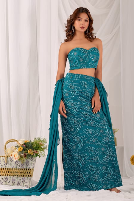 Damoiselle Aqua Serene Embroidered Pencil Skirt Set 