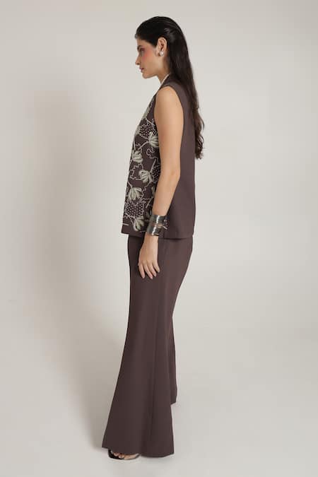 Shagufta_Brown Georgette Embroidery, Zari V-neck Two Tone Zardozi Jacket Pant Set_Online_at_Aza_Fashions