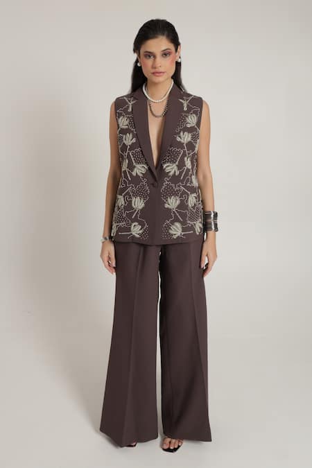 Buy_Shagufta_Brown Georgette Embroidery, Zari V-neck Two Tone Zardozi Jacket Pant Set_Online_at_Aza_Fashions