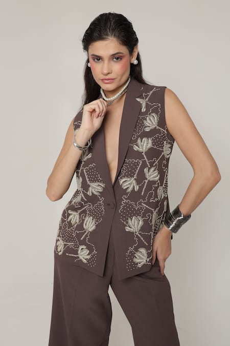 Shagufta_Brown Georgette Embroidery, Zari V-neck Two Tone Zardozi Jacket Pant Set_at_Aza_Fashions