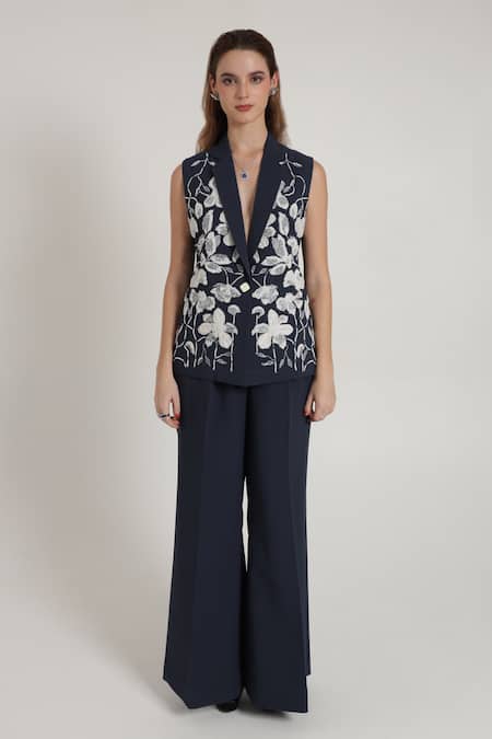 Shagufta Beaded Patchwork Floral Sleeveless Jacket Pant Set 