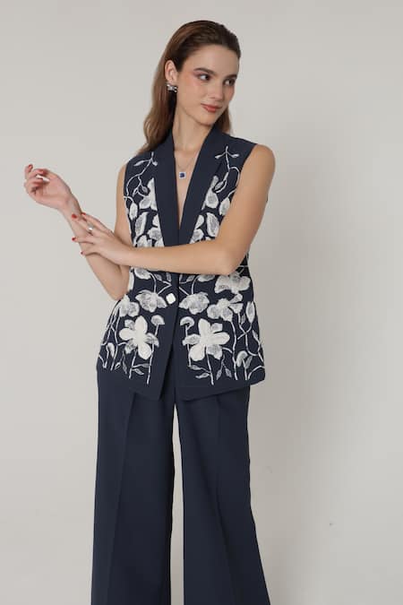 Buy_Shagufta_Navy Georgette Beads, Patchwork, Beaded Floral Sleeveless Jacket Pant Set _Online_at_Aza_Fashions