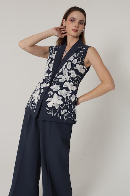 Shop_Shagufta_Navy Georgette Beads, Patchwork, Beaded Floral Sleeveless Jacket Pant Set _Online_at_Aza_Fashions