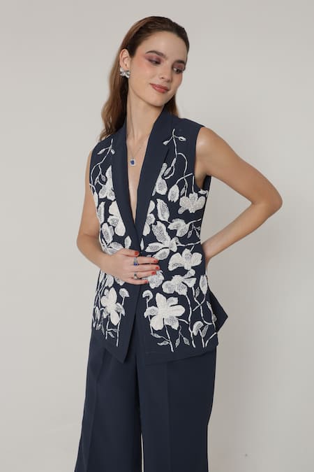 Shagufta_Navy Georgette Beads, Patchwork, Beaded Floral Sleeveless Jacket Pant Set _at_Aza_Fashions