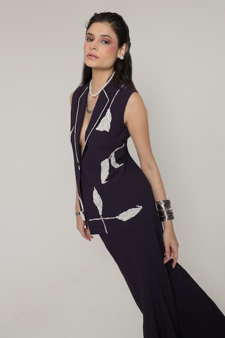 Shagufta_Wine Georgette Zari, Embroidery V-neck Zardozi Sleeveless Jacket Pant Set _Online_at_Aza_Fashions