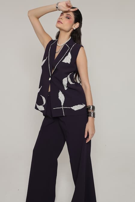 Shop_Shagufta_Wine Georgette Zari, Embroidery V-neck Zardozi Sleeveless Jacket Pant Set _Online_at_Aza_Fashions