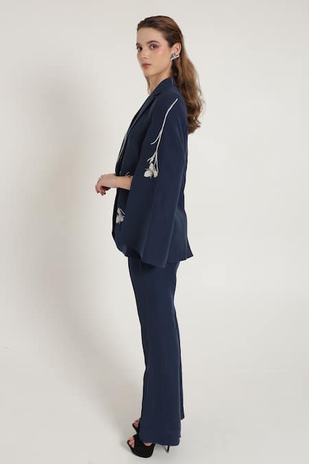 Shagufta_Blue Crepe Embroidery Cape And Straight Pant Set _Online_at_Aza_Fashions