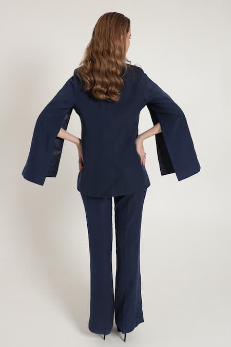 Buy_Shagufta_Blue Crepe Embroidery Cape And Straight Pant Set _Online_at_Aza_Fashions