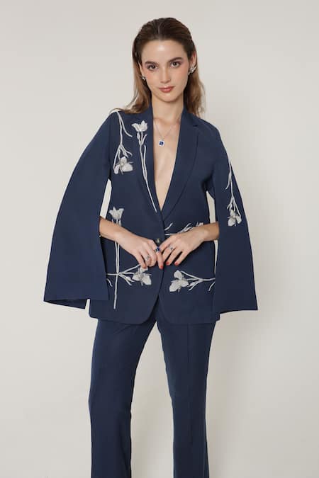 Shop_Shagufta_Blue Crepe Embroidery Cape And Straight Pant Set _Online_at_Aza_Fashions