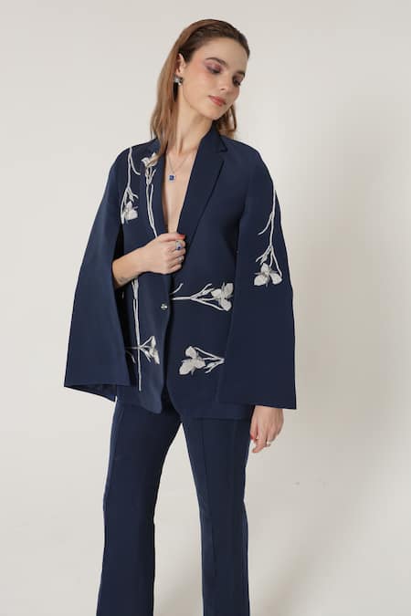 Shagufta_Blue Crepe Embroidery Cape And Straight Pant Set _at_Aza_Fashions