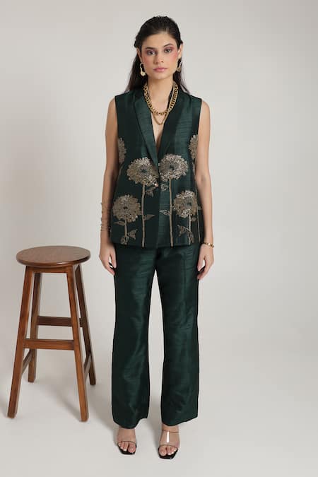 Shagufta Sunflower Embroidered Jacket Pant Bustier Set 