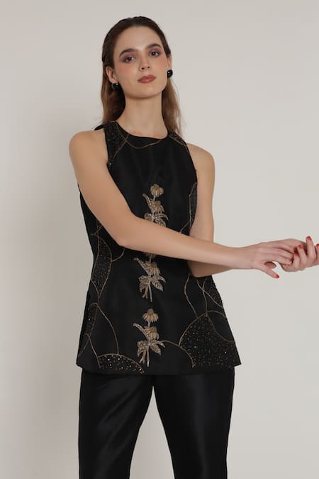 Buy_Shagufta_Black Silk Embroidery, Metallic Thread Halter Work Top And Bell Bottom Pant Set _Online_at_Aza_Fashions