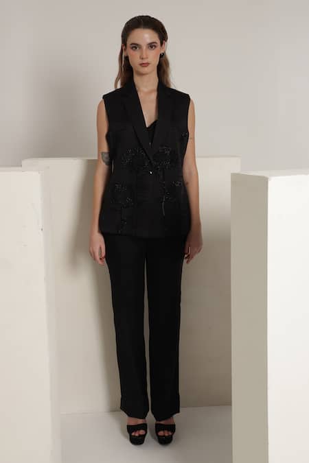 Shagufta Sunflower Embroidered Sleeveless Jacket Pant Set 