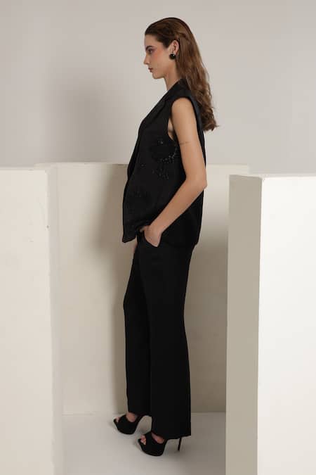 Shagufta_Black Silk Embroidery Open Neck, Sunflower Sleeveless Jacket Pant Set _Online_at_Aza_Fashions