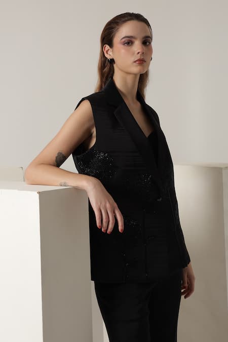 Buy_Shagufta_Black Silk Embroidery Open Neck, Sunflower Sleeveless Jacket Pant Set _Online_at_Aza_Fashions