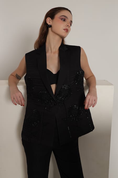 Shop_Shagufta_Black Silk Embroidery Open Neck, Sunflower Sleeveless Jacket Pant Set _Online_at_Aza_Fashions