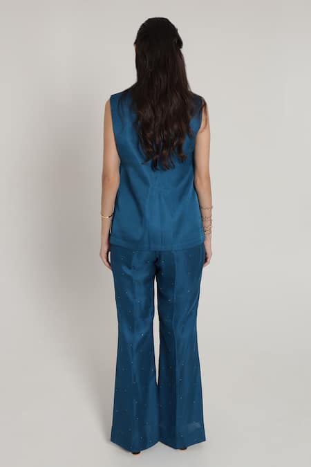 Shagufta Gold Flower Cutdana Embroidered Jacket Pant Set 