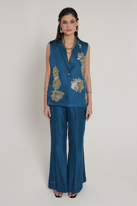 Shagufta Gold Flower Cutdana Embroidered Jacket Pant Set 