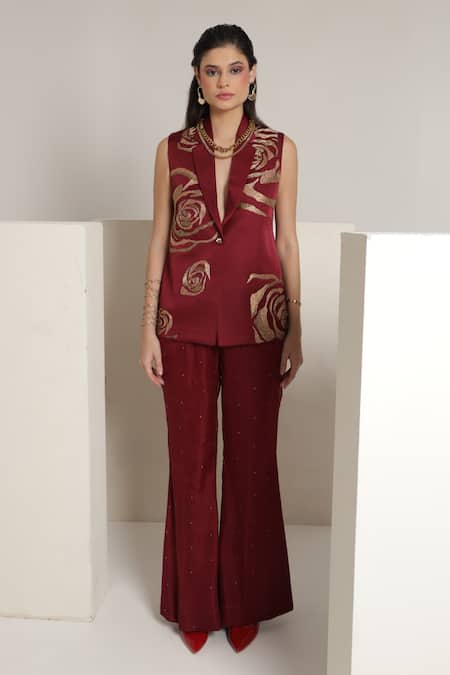 Buy_Shagufta_Maroon Silk Embroidery V-neck Rose Sleeveless Jacket Pant Set _Online_at_Aza_Fashions