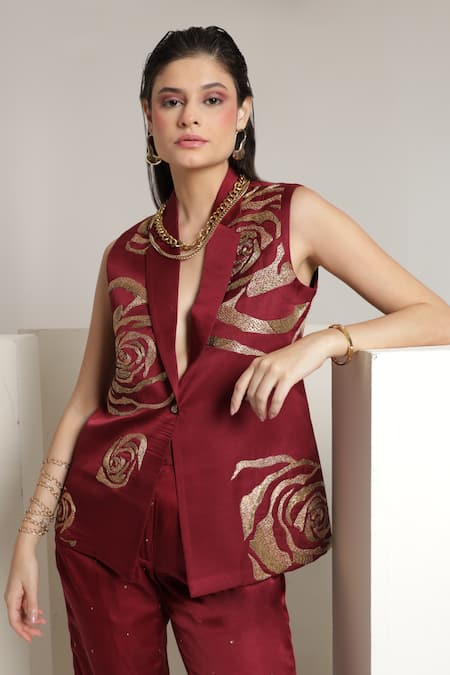 Shop_Shagufta_Maroon Silk Embroidery V-neck Rose Sleeveless Jacket Pant Set _Online_at_Aza_Fashions