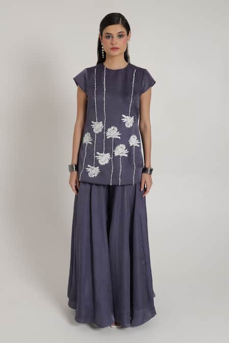 Shagufta_Blue Silk Embroidery Round Neck Floral Cutdana Top And Sharara Set _Online_at_Aza_Fashions