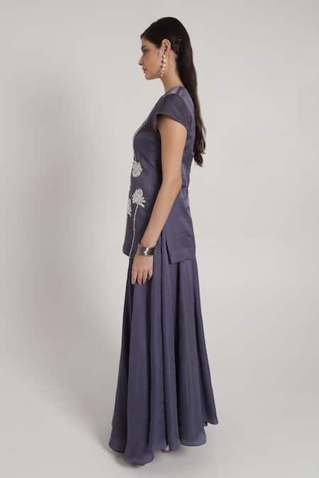 Buy_Shagufta_Blue Silk Embroidery Round Neck Floral Cutdana Top And Sharara Set _Online_at_Aza_Fashions