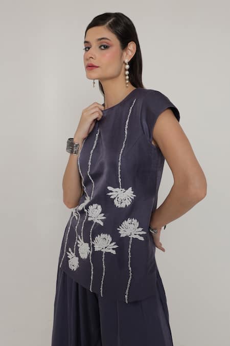 Shop_Shagufta_Blue Silk Embroidery Round Neck Floral Cutdana Top And Sharara Set _Online_at_Aza_Fashions