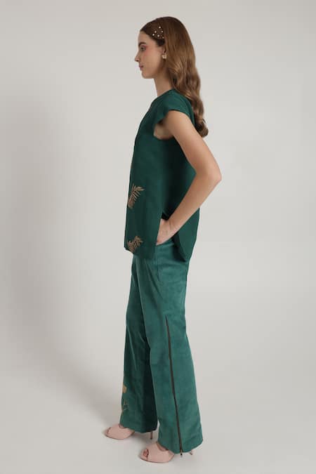 Shagufta_Green Georgette, Corduroy Embroidery Round Neck Antique Gold Top And Pant _Online_at_Aza_Fashions