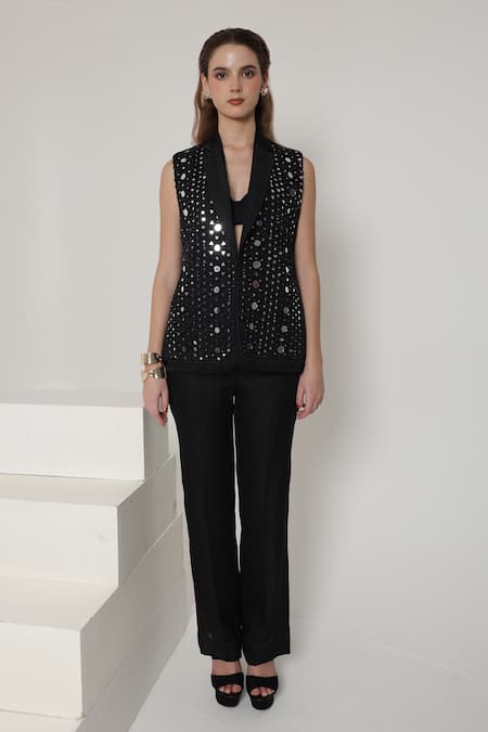 Shagufta_Black Silk Mirrors, Embroidery Open Neck, Work Jacket Pant Set _Online_at_Aza_Fashions
