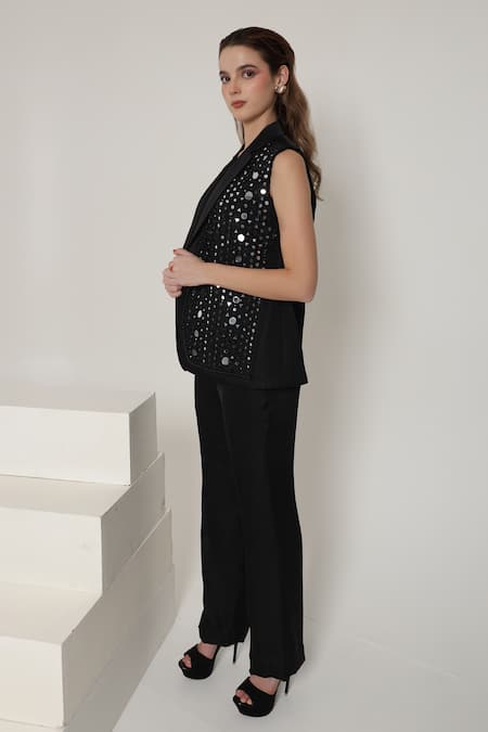 Buy_Shagufta_Black Silk Mirrors, Embroidery Open Neck, Work Jacket Pant Set _Online_at_Aza_Fashions