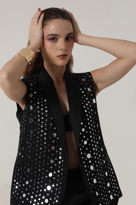 Shop_Shagufta_Black Silk Mirrors, Embroidery Open Neck, Work Jacket Pant Set _Online_at_Aza_Fashions