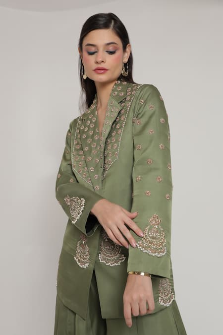 Shagufta_Green Silk Embroidery Overlap Blazer And Sharara Set With Jhumka Details _Online_at_Aza_Fashions
