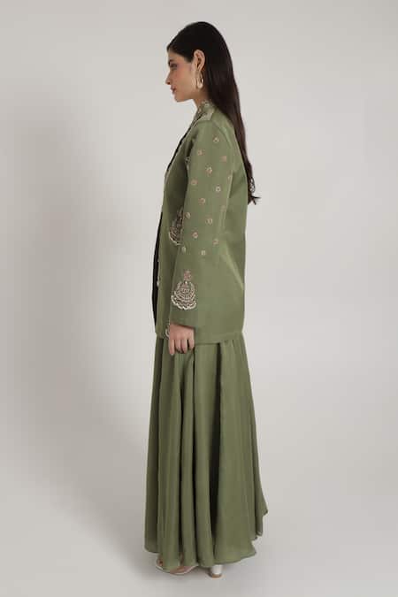 Buy_Shagufta_Green Silk Embroidery Overlap Blazer And Sharara Set With Jhumka Details _Online_at_Aza_Fashions