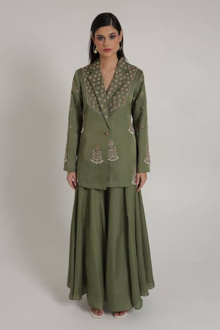 Shop_Shagufta_Green Silk Embroidery Overlap Blazer And Sharara Set With Jhumka Details _Online_at_Aza_Fashions