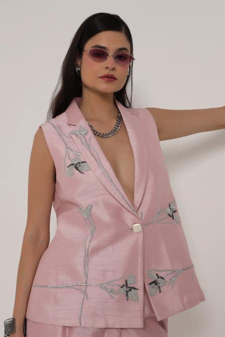 Shop_Shagufta_Pink Silk Embroidery V-neck Jacket Pant Set _Online_at_Aza_Fashions