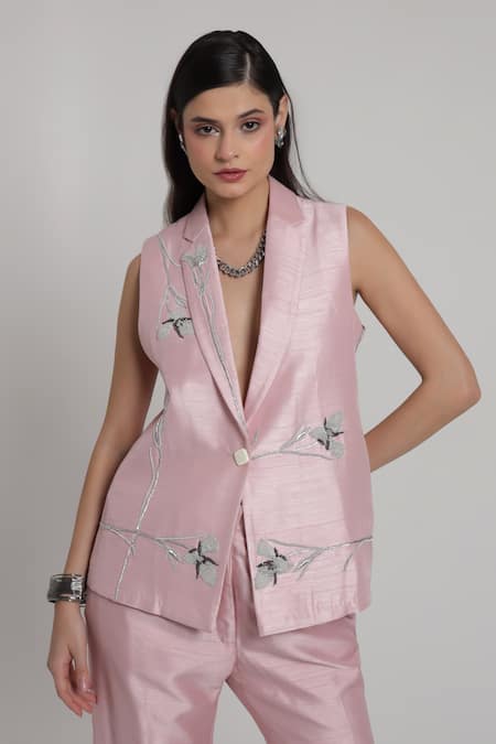 Shagufta_Pink Silk Embroidery V-neck Jacket Pant Set _at_Aza_Fashions