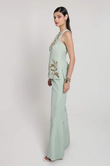 Shagufta_Green Crepe Embroidery, Metallic Thread Round Neck Top And Pant Set _Online_at_Aza_Fashions