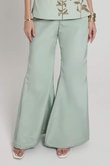 Buy Shagufta Green Crepe Embroidery, Metallic Thread Round Neck Top And Pant Set Online at Aza Fashions Buy_Shagufta_Green Crepe Embroidery, Metallic Thread Round Neck Top And Pant Set _Online_at_Aza_Fashions