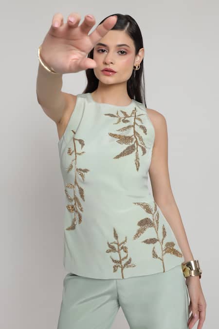 Shop_Shagufta_Green Crepe Embroidery, Metallic Thread Round Neck Top And Pant Set _Online_at_Aza_Fashions