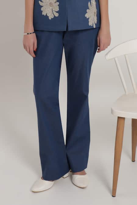 Shagufta_Blue Denim Embroidery V-neck Floral Hand Jacket Pant Set _Online_at_Aza_Fashions