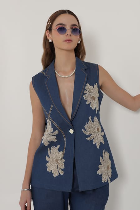 Buy_Shagufta_Blue Denim Embroidery V-neck Floral Hand Jacket Pant Set _Online_at_Aza_Fashions