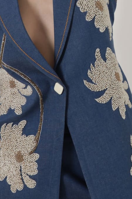 Shagufta_Blue Denim Embroidery V-neck Floral Hand Jacket Pant Set _at_Aza_Fashions