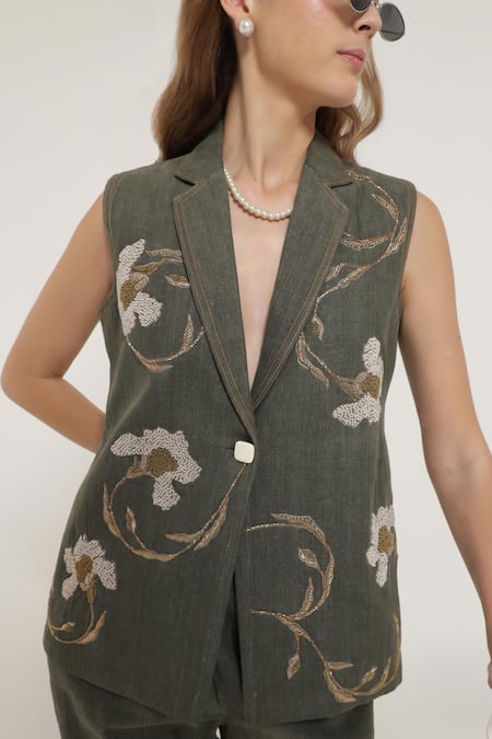 Shagufta_Green Denim Pearls, Beads, Embroidery Floral Artwork Sleeveless Jacket Pant Set _Online_at_Aza_Fashions